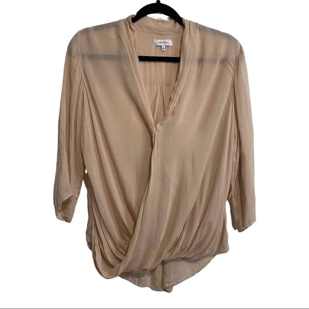 Babaton Pale Pink Blush Faux Wrap V Neck Lightweirght Blouse 100% Viscose-XS